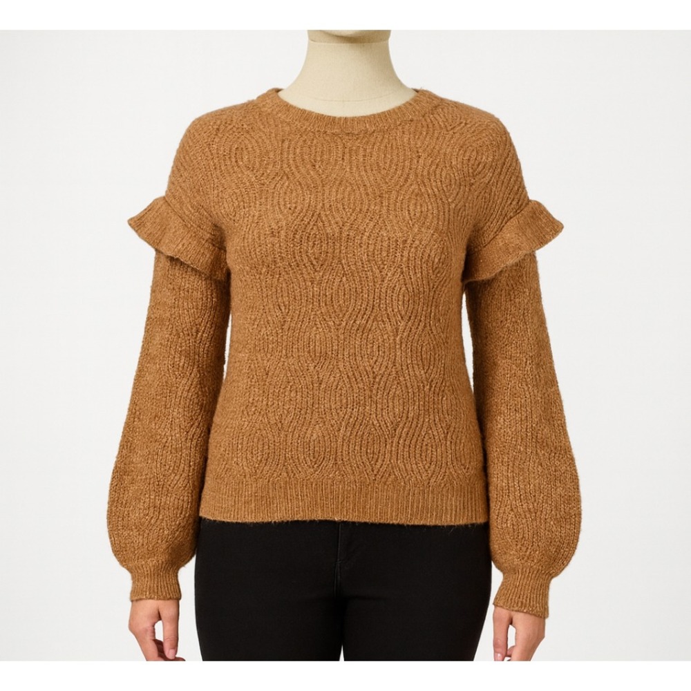 Belle by Belldini Sweater Women L Brown Ruffle Shoulder Balloon Sleeve Pointelle